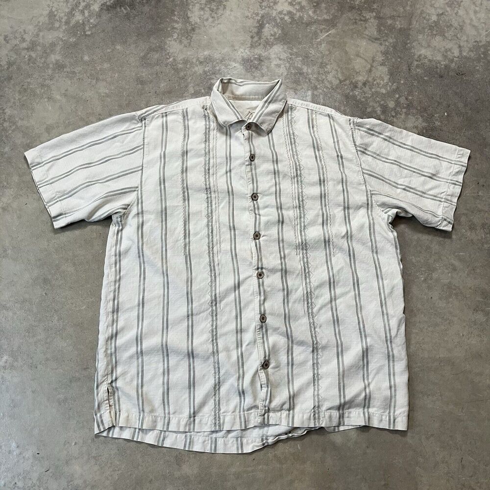 Tommy Bahama Shirt Mens Large Silk Striped Button Front Short Sleeve